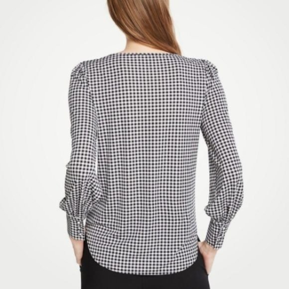 Ann Taylor Top M Gingham Plaid Blouse Black White Long Sleeve - Picture 2 of 8